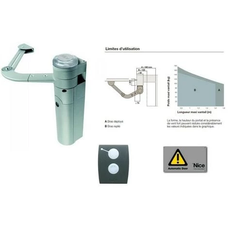 Kit D'automatisation Bras Articulé Portail 1 Battant Env. 1,8m WALKY KIT Nice - WALKY1024KCE. 1 Kit D'automatisation Bras Articulé Portail 1 Battant Env. 1,8m WALKY KIT Nice - WALKY1024KCE.