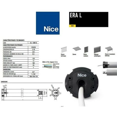 Moteur ERA L Ø 58 Mm, Filaire, Fin Course Mécanique, 120 Nm, 180 Kg, NICE - EL12012. 1 Moteur ERA L Ø 58 Mm, Filaire, Fin Course Mécanique, 120 Nm, 180 Kg, NICE - EL12012.