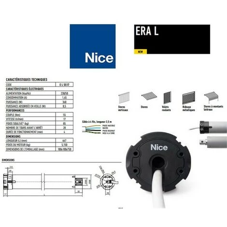 Moteur ERA L Ø 58 Mm, Filaire, Fin Course Mécanique, 55 Nm, 28 Kg, NICE - EL5517. 1 Moteur ERA L Ø 58 Mm, Filaire, Fin Course Mécanique, 55 Nm, 28 Kg, NICE - EL5517.