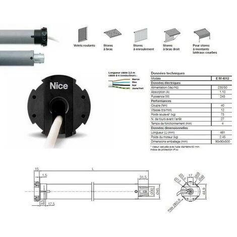 Moteur ERA M Ø 45 Mm, Filaire, Fin Course Mécanique, 40 Nm, 12Rpm, 75Kg, NICE - EM4012. 1 Moteur ERA M Ø 45 Mm, Filaire, Fin Course Mécanique, 40 Nm, 12Rpm, 75Kg, NICE - EM4012.