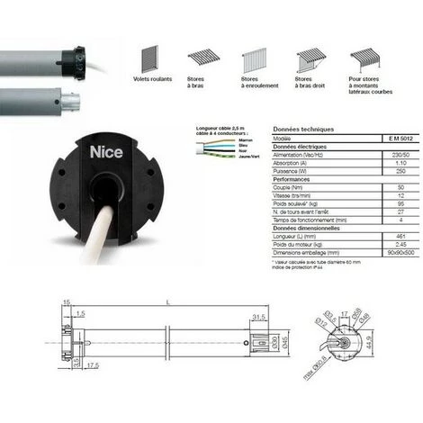Moteur ERA M Ø 45 Mm, Filaire, Fin Course Mécanique, 50 Nm, 12Rpm, 95Kg, NICE - EM5012. 1 Moteur ERA M Ø 45 Mm, Filaire, Fin Course Mécanique, 50 Nm, 12Rpm, 95Kg, NICE - EM5012.