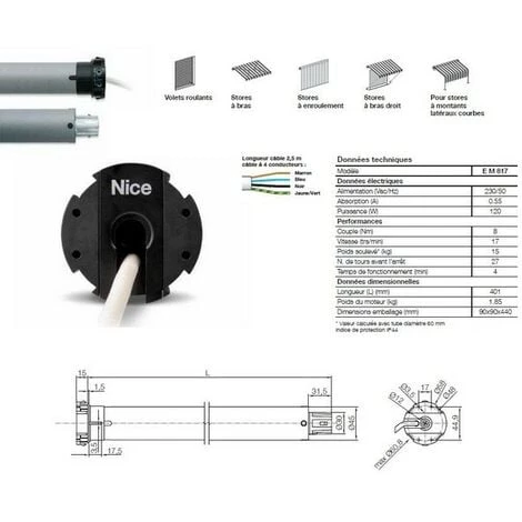 Moteur ERA M Ø 45 Mm, Filaire, Fin Course Mécanique, 8 Nm, 17Rpm, 15 Kg, NICE - EM817. 1 Moteur ERA M Ø 45 Mm, Filaire, Fin Course Mécanique, 8 Nm, 17Rpm, 15 Kg, NICE - EM817.