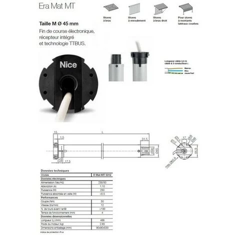 Moteur ERA MAT MT Ø 45 Mm, Récepeur Int.,fin Course électr.,40Nm,12Rpm NICE - EMATMT5012. 1 Moteur ERA MAT MT Ø 45 Mm, Récepeur Int.,fin Course électr.,40Nm,12Rpm NICE - EMATMT5012.