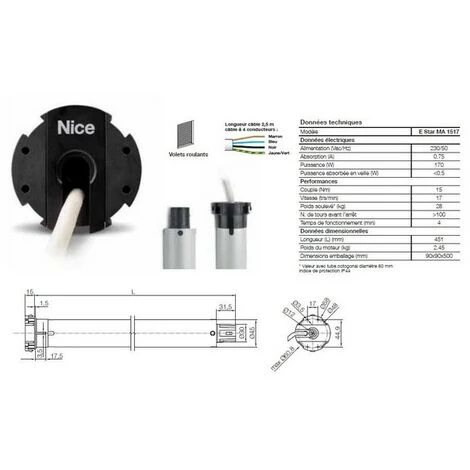 Moteur Era Star M Ø45mm,filaire 15Nm 17Rpm,max 28kg,fin Course électronique NICE - ESTARMA1517. 1 Moteur Era Star M Ø45mm,filaire 15Nm 17Rpm,max 28kg,fin Course électronique NICE - ESTARMA1517.