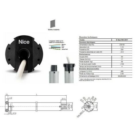 Moteur Era Star MP Ø45mm,filaire 30Nm 17Rpm,max 56kg,fin Course électroniq. NICE - ESTARMP3017. 1 Moteur Era Star MP Ø45mm,filaire 30Nm 17Rpm,max 56kg,fin Course électroniq. NICE - ESTARMP3017.